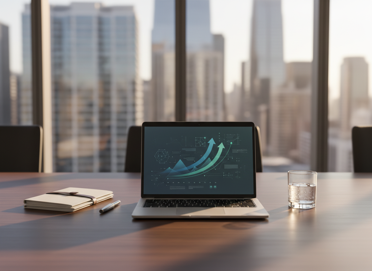 A sleek, uncluttered executive workspace symbolizing strategic advisory: a large dark-wood table holds an open, high-end laptop displaying an abstract dashboard of rising graphs and structured diagrams, all subtly blurred to avoid legible text. Around it, neatly stacked briefing folders, a brushed metal pen, and a glass of water suggest disciplined preparation. Floor-to-ceiling windows reveal a softly defocused city skyline, hinting at scale. Late-afternoon natural light floods the room, creating clean reflections on the table’s surface and gentle shadows along its edges. Shot at eye level with a shallow depth of field, the laptop and table dominate the foreground in sharp photographic realism. The atmosphere is calm, focused, and professional, conveying thoughtful guidance for founders and CEOs pursuing sustainable growth.
