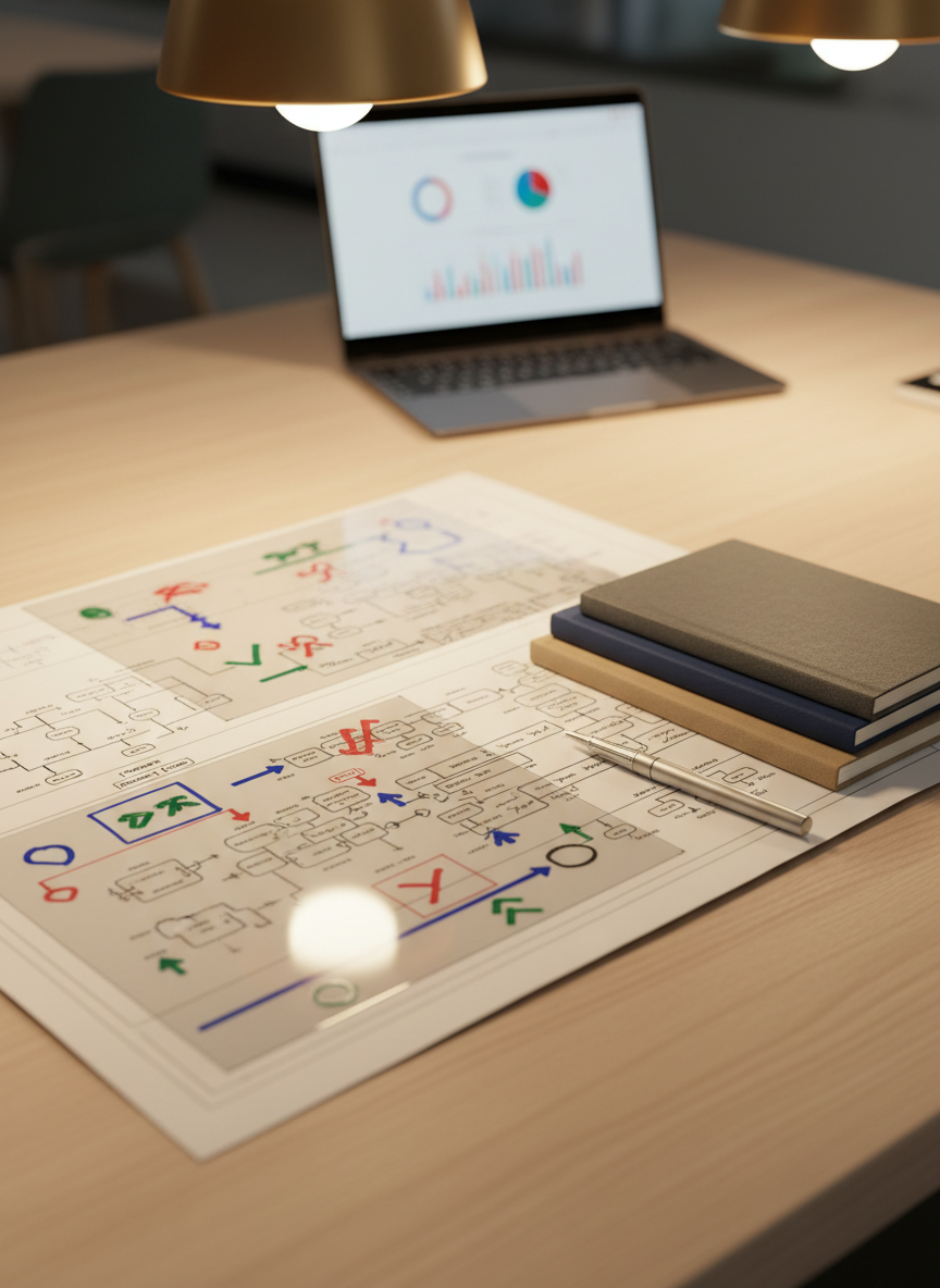 A close-up, photographic scene of a meticulously organized strategy session table without people present. At the center, a large, high-quality printed business blueprint rests on a pale oak surface, overlaid with transparent acetate sheets marked by colored shapes and arrows, all intentionally illegible. Beside it, three distinct, textured notebooks—charcoal, navy, and sand—are stacked in descending size, with a precision-milled metal pen aligned parallel to the paper’s edge. A slim laptop sits partially closed in the background, its screen softly glowing with abstract charts. Warm pendant lighting from above casts controlled pools of light and soft-edged shadows, creating depth and clarity. Shot from a slightly elevated angle with a moderate depth of field, the composition feels calm, deliberate, and exacting, reflecting operational leadership and rigorous planning for scaling businesses.
