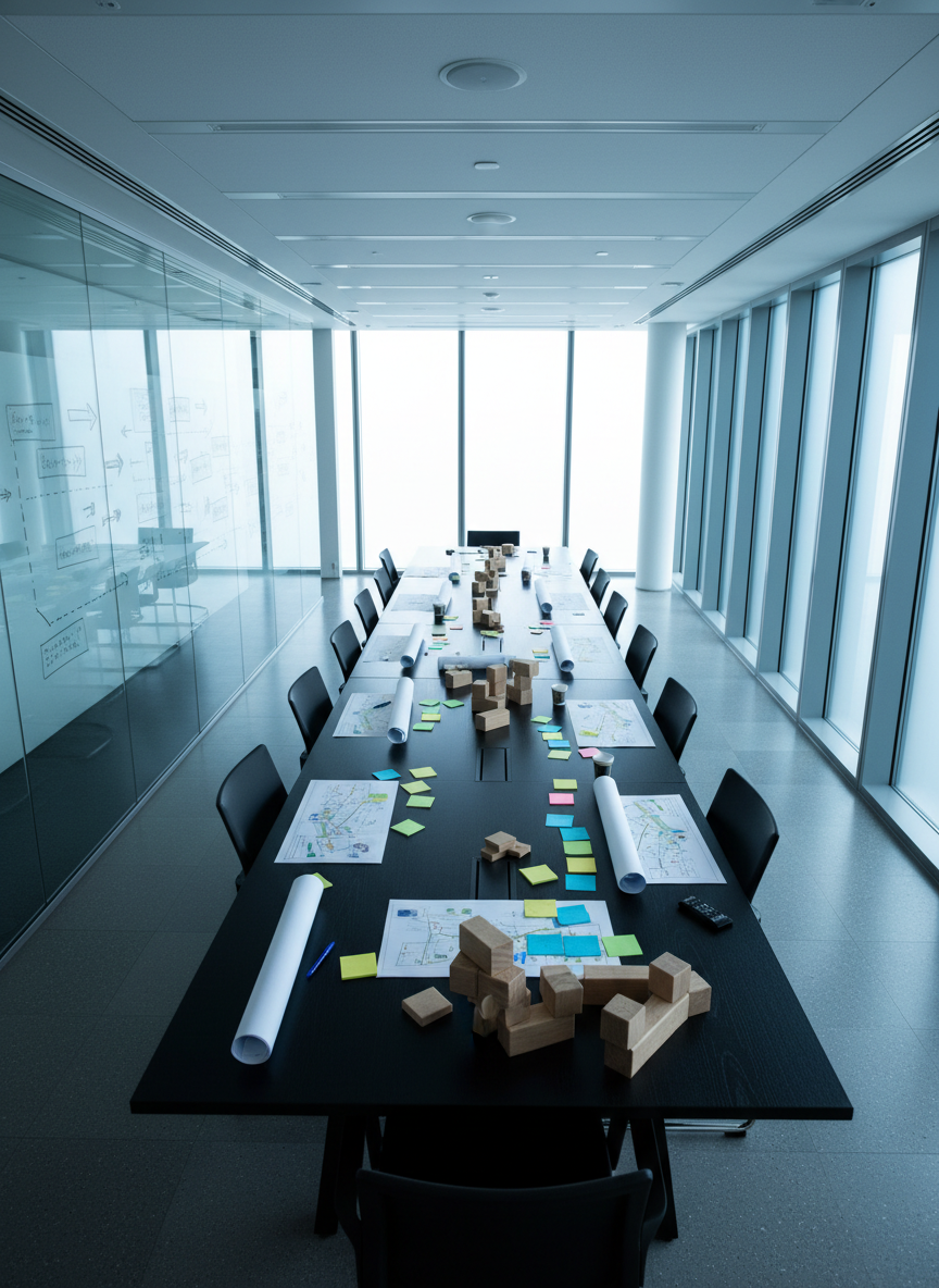 An elevated, wide photographic view of a modern strategic planning war room, completely empty yet clearly in use. A long matte-black conference table stretches into the distance, covered with carefully arranged printed roadmaps, color-coded sticky-note clusters without text, and modular wooden blocks forming an intricate business model structure. Along one wall, a massive glass board is filled with overlapping arrows, timelines, and segmented frameworks, intentionally blurred to avoid reading details. Ceiling-height windows bathe the space in cool, diffused daylight, creating crisp reflections on the glass and subtle shadows under the table. The composition uses strong leading lines drawing the eye toward the far end, suggesting direction and momentum. The mood is disciplined and analytical, embodying high-level strategic advisory in a photographic, clean, and contemporary style.