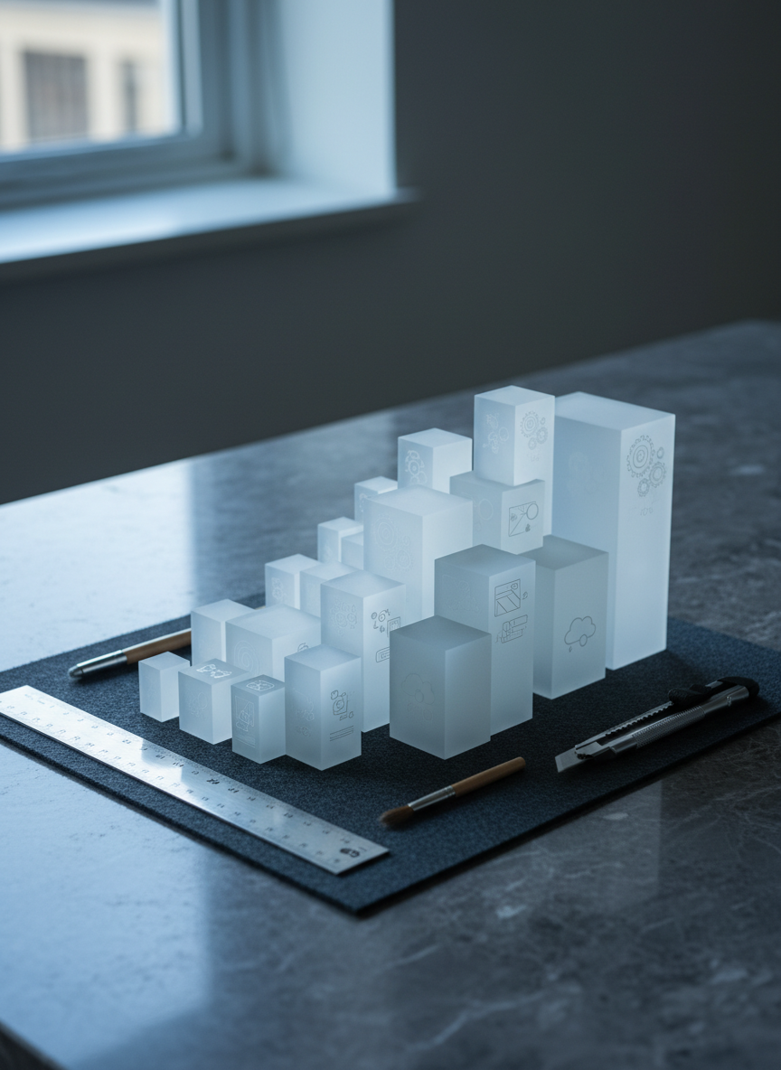 A symbolic visualization of sustainable scale framed as a photographic architectural model on a polished stone table. A series of translucent geometric blocks, increasing in size and complexity, form a stepped structure resembling a growing campus of modern buildings. Each block has subtle etched patterns suggesting processes, teams, and systems, but no readable text. Around the model, precision tools—metal rulers, a fine brush, a small cutting knife—are neatly arranged on a dark felt mat. Cool, indirect daylight from a nearby window creates crisp highlights along the model’s edges and soft shadows that emphasize depth. Captured from a low, three-quarter angle with sharp focus, the image feels analytical yet aspirational, conveying considered, long-term growth guided by strategic advisory rather than rapid, chaotic expansion.